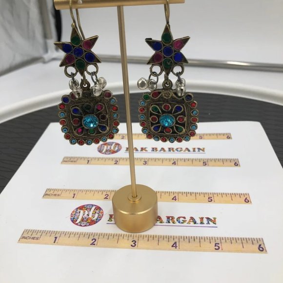 Afghan Oversized Dangle Earrings With Multicolor Glass Stones, Afghan Earrings - Picture 5 of 9